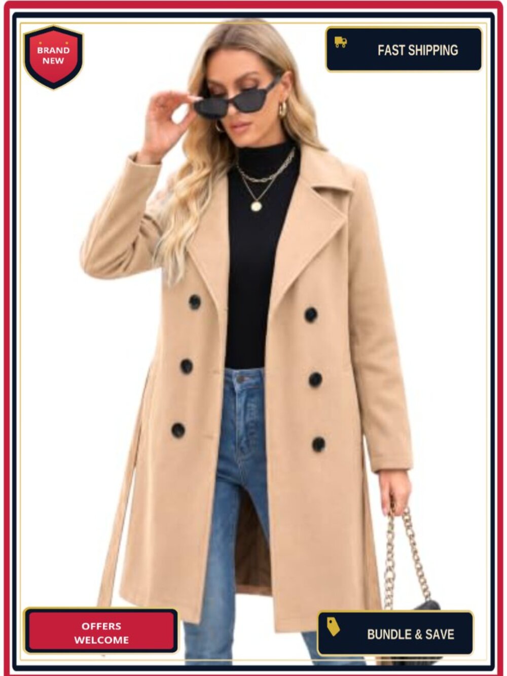 Faux Wool Double-Breasted Trench Coat Belted Notch Lapel